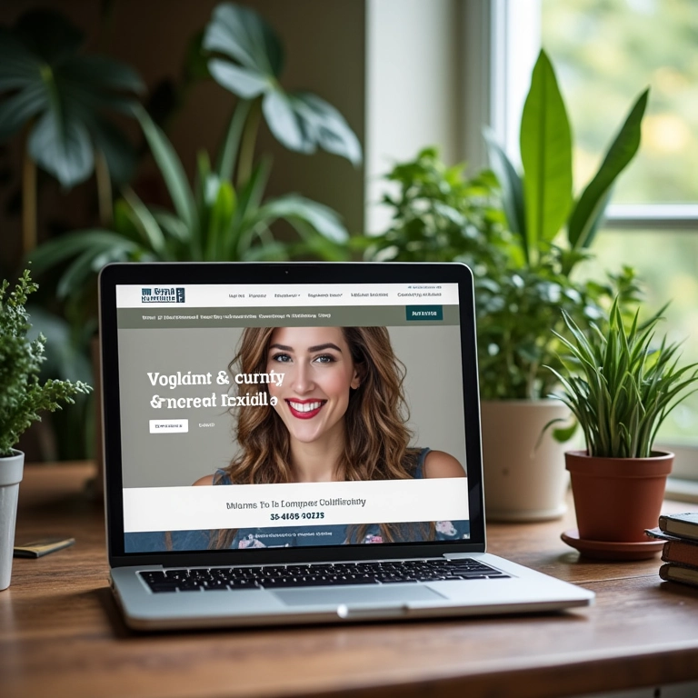 Laptop mostrando site da ABNT com mulher sorrindo ao fundo.