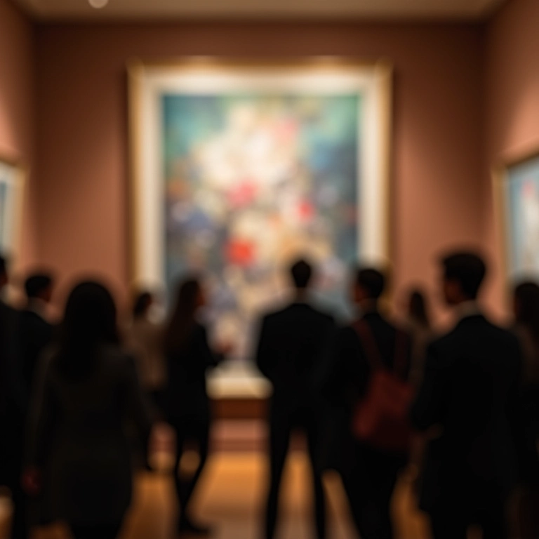 Leilão de arte contemporânea com pessoas licitando por uma pintura abstrata, representando o mercado da arte.