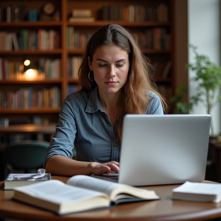 Licenciada em pedagogia pesquisando opções de pós-graduação em um café.