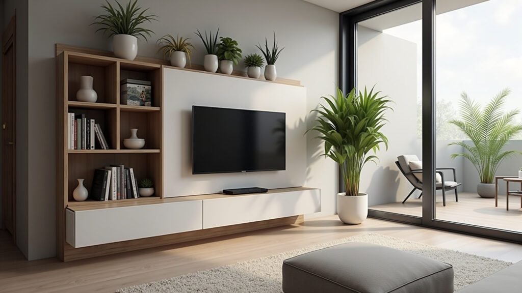 Painel de TV integrado com rack e plantas.