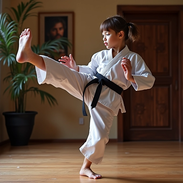 Lutador de karatê executando um chute frontal (mae geri).
