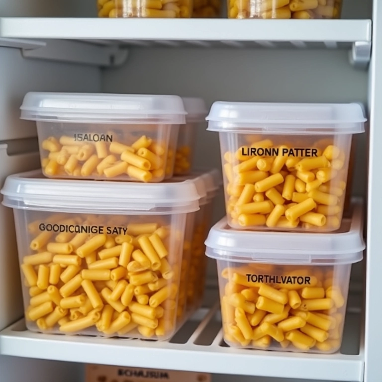 Macarrão com frango congelado em potes identificados.