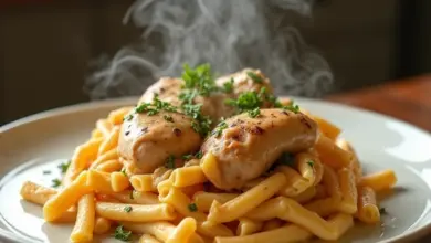 Macarrão com frango e creme de leite fumegante em prato rústico.