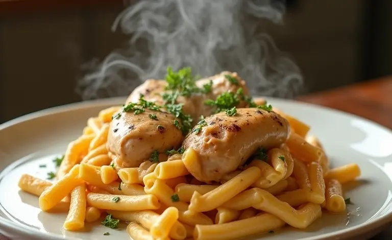 Macarrão com frango e creme de leite fumegante em prato rústico.
