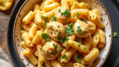 Macarrão com frango e creme de leite pronto para servir.