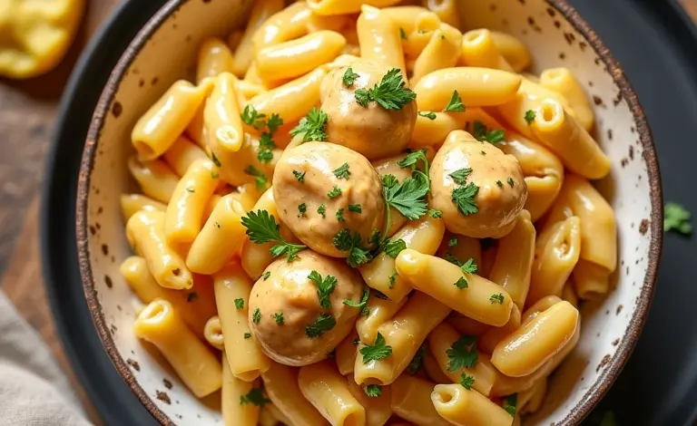 Macarrão com frango e creme de leite pronto para servir.