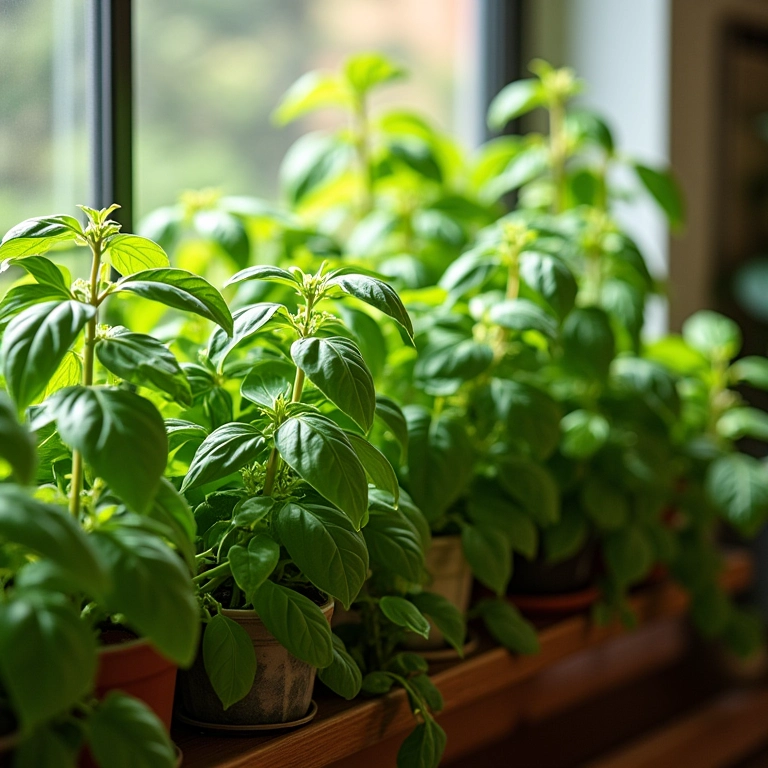 Manjericão crescendo em um parapeito ensolarado.