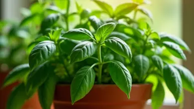 Manjericão fresco em vaso de barro na janela da cozinha.