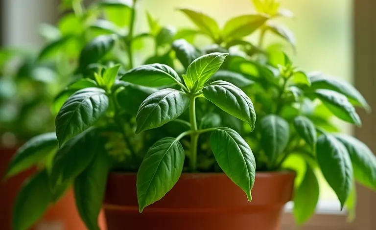 Manjericão fresco em vaso de barro na janela da cozinha.
