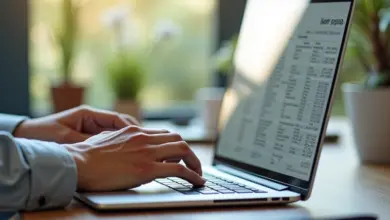 Mãos formatando planilha em laptop com iluminação natural e elementos de design brasileiro.