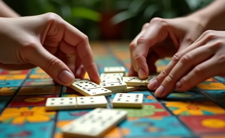 Mãos jogando dominó em mesa colorida, plantas tropicais ao redor.