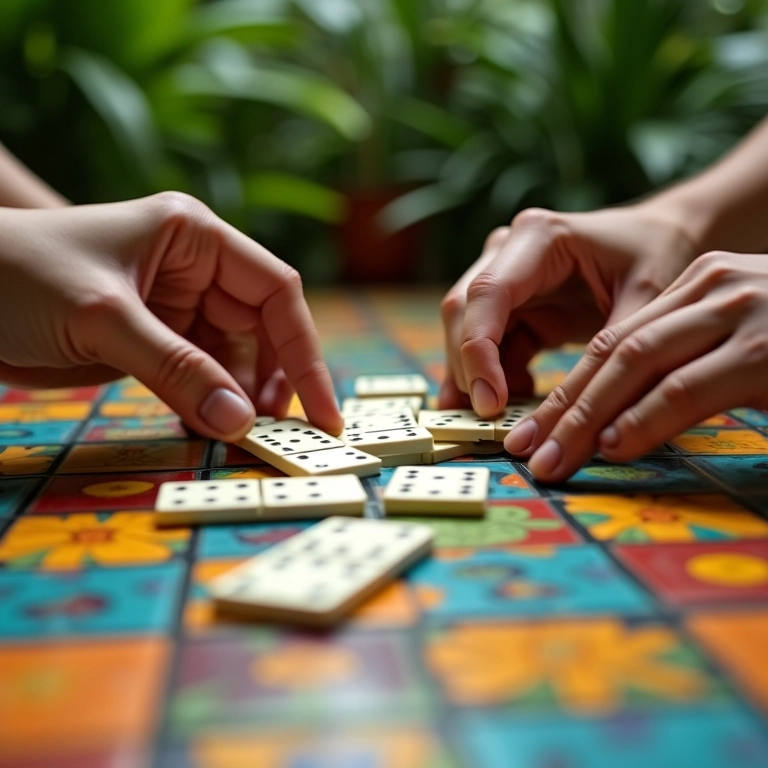 Qual A Diferença Entre Jogo E Brincadeira? Mãos jogando dominó em mesa colorida, plantas tropicais ao redor.