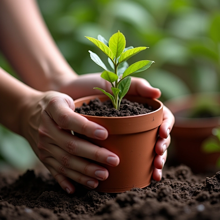 Mãos plantando muda de Rosa do Deserto em vaso.