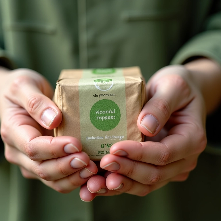 Mãos segurando um produto sustentável com embalagem ecológica.