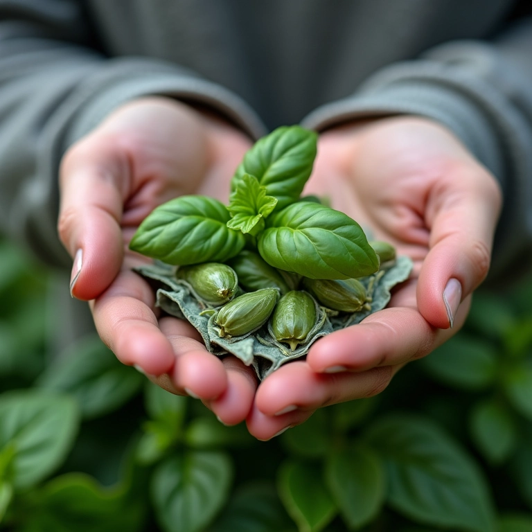 Mãos selecionando sementes de manjericão de alta qualidade.