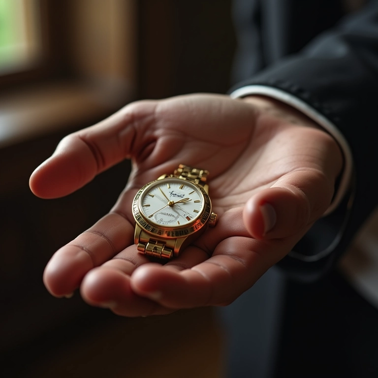 Mãos trocando um relógio antigo, simbolizando a herança material.