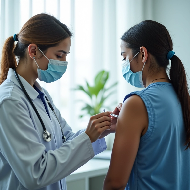 Médico aplicando vacina em paciente adulto em clínica brasileira bem iluminada.