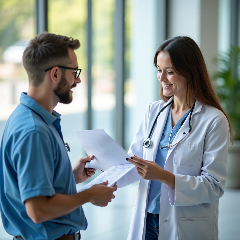 Qual A Diferença Entre Laudo Médico E Atestado Médico? Médico e paciente conversando sobre documentos médicos em consultório.