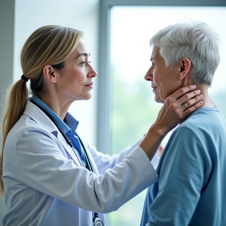 Médico examinando idosa durante teste cognitivo em clínica moderna.
