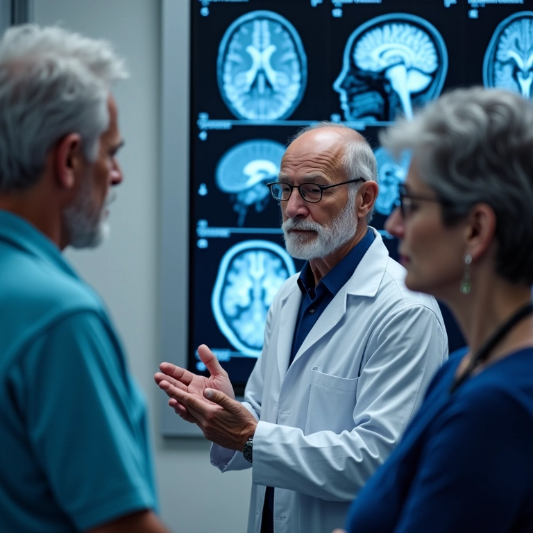 Médico explicando exames cerebrais para casal idoso, mostrando áreas de circulação comprometida.