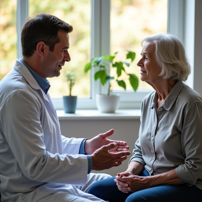 Médico explicando opções de tratamento para artrite a casal de idosos.