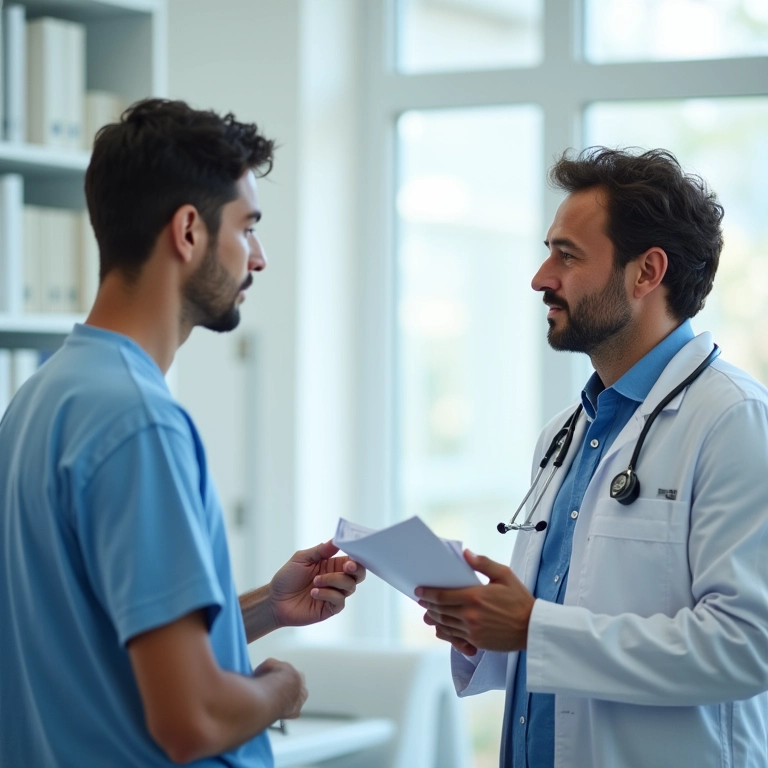 Médico explicando resultados de teste de alergia para paciente adulto.
