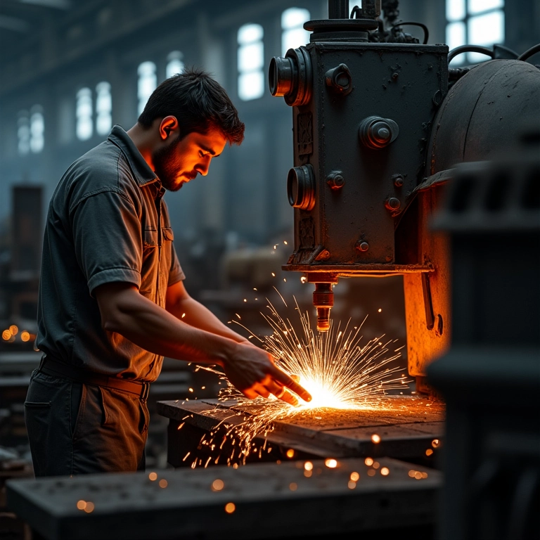 Metalúrgico operando um laminador.