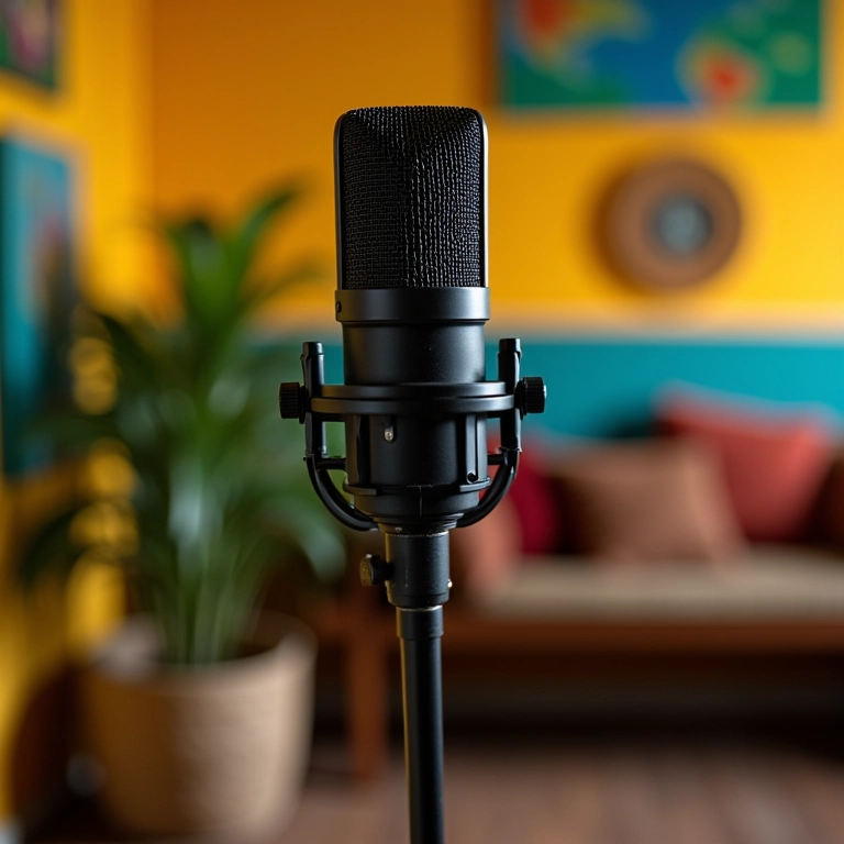 Microfone profissional em estúdio colorido para podcast.