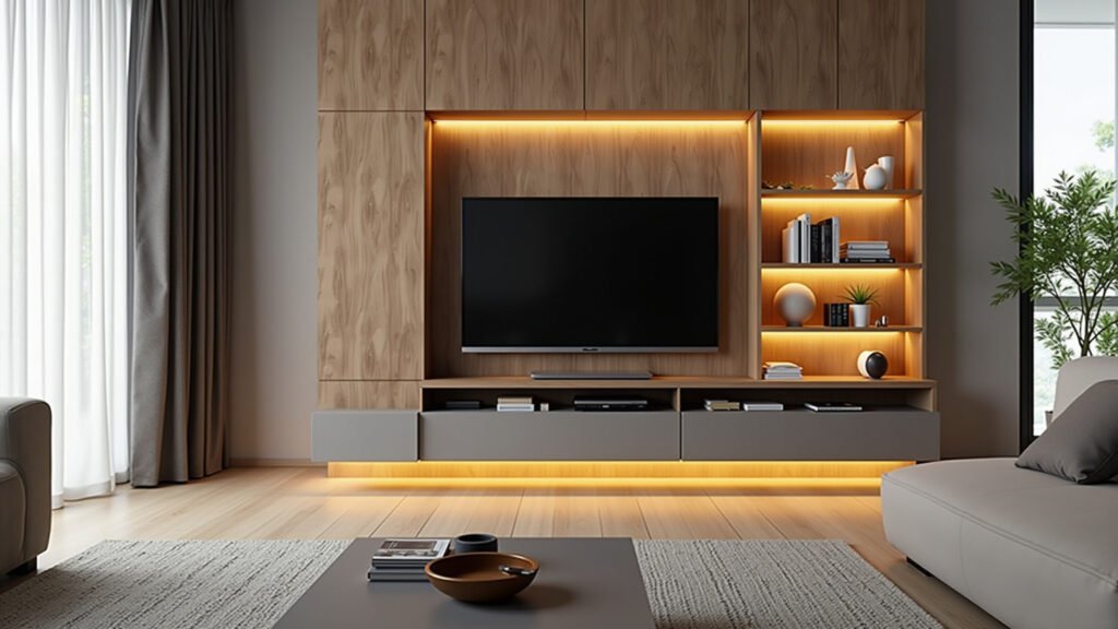 Sala moderna com painel de TV e iluminação LED.