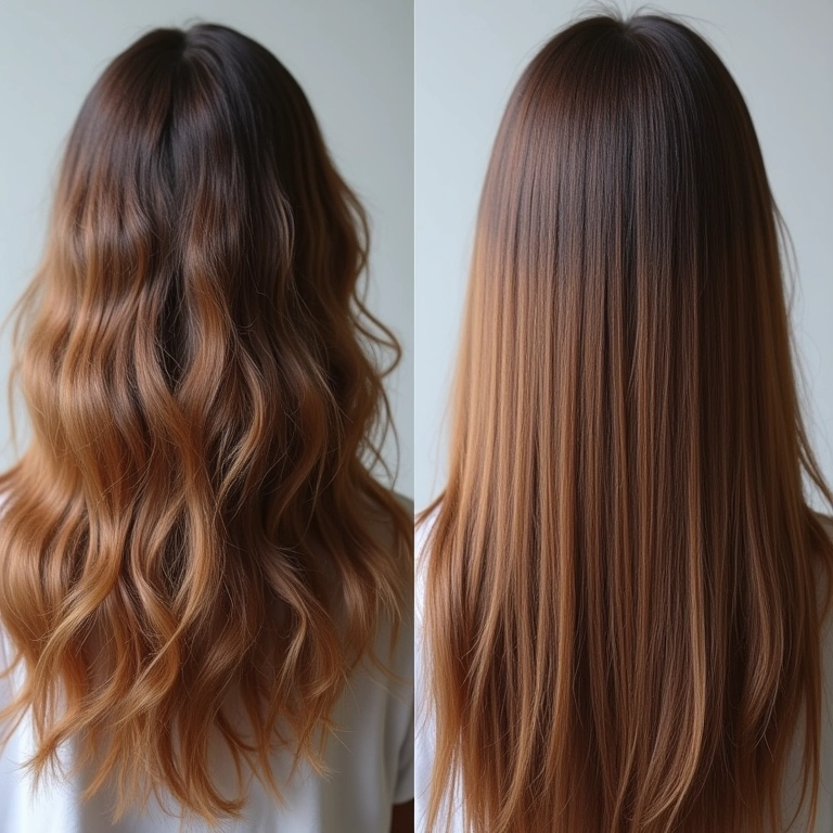 Montagem de antes e depois mostrando a transformação do cabelo com a plástica dos fios.