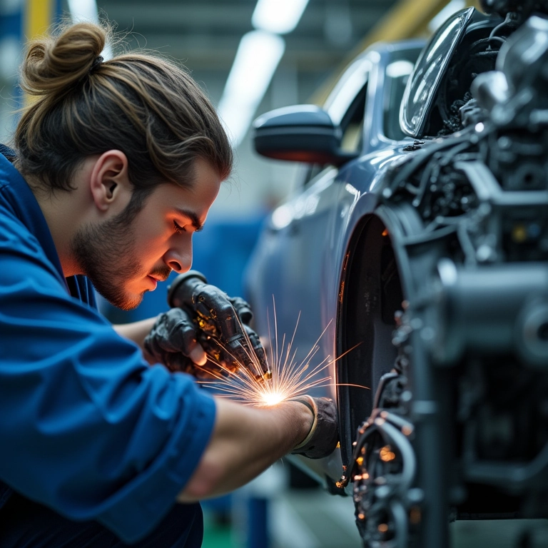 Montagem de um carro moderno com peças de metal.