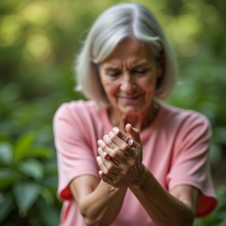 Mulher aliviando a dor nas mãos causada pela artrose com massagem suave.