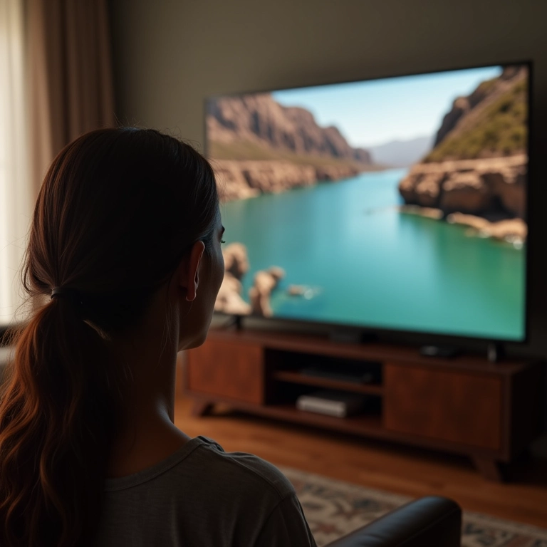 Mulher assistindo conteúdo upscaled em TVs de 50 e 55 polegadas em um apartamento brasileiro.