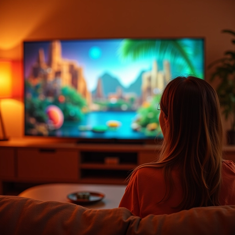 Mulher assistindo TV QLED em sala vibrante.