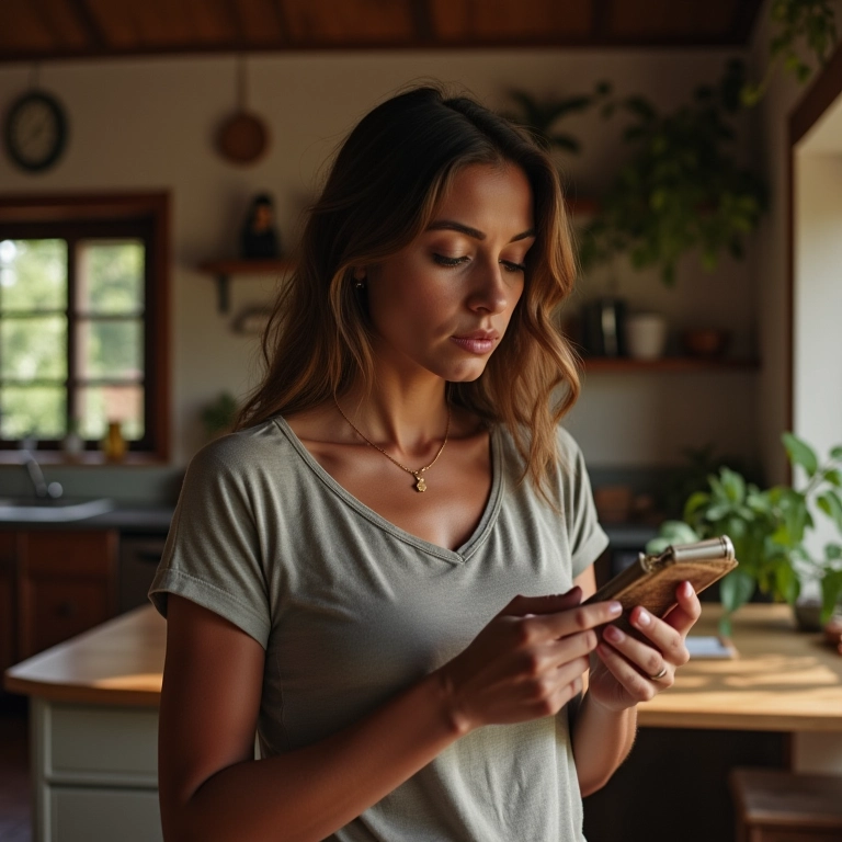 Mulher brasileira examinando uma compra de forma consciente em casa.