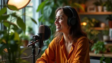 Mulher brasileira gravando podcast em vídeo em estúdio caseiro vibrante.