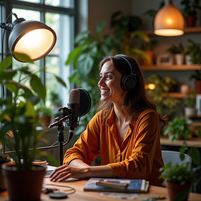 Como Criar Um Podcast Com Vídeo e Aumentar Seu Alcance Mulher brasileira gravando podcast em vídeo em estúdio caseiro vibrante.