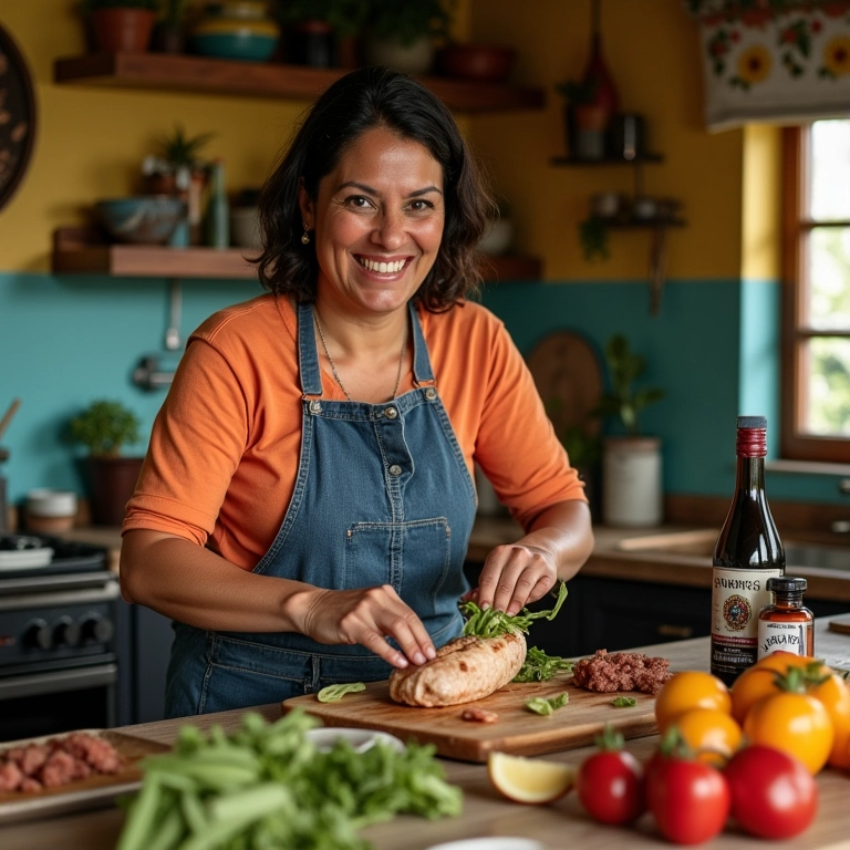 Mulher brasileira usando shoyu em diversos pratos na cozinha.