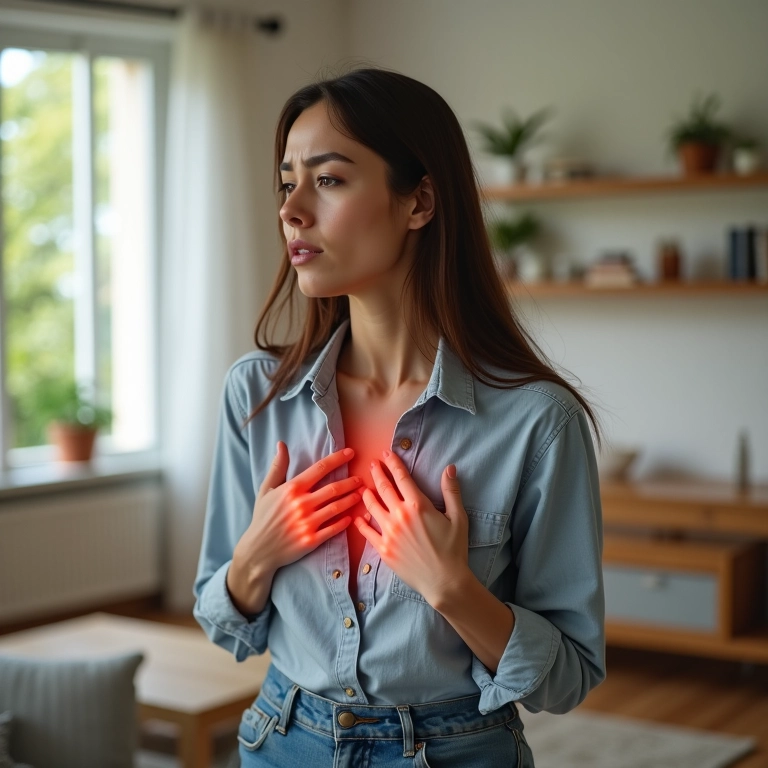 Mulher com azia sentindo queimação no peito.