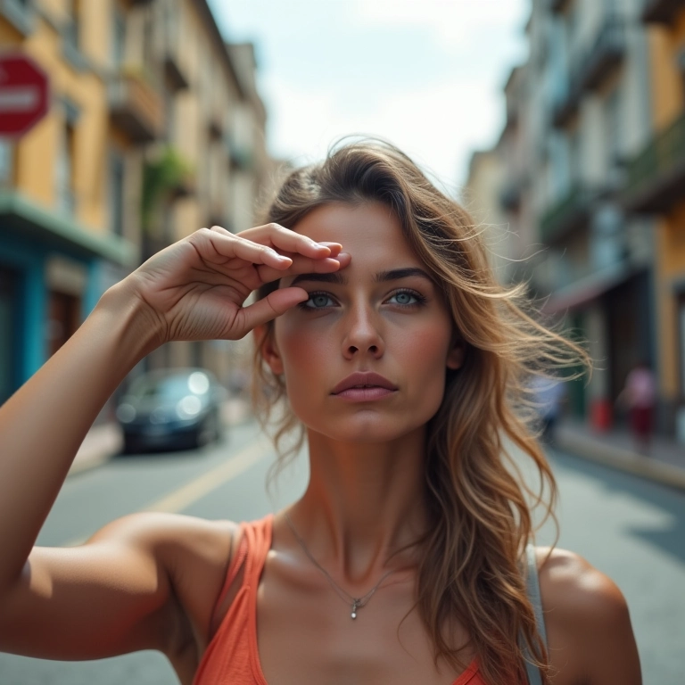 Mulher com dificuldade para ler placa de rua, representando miopia.