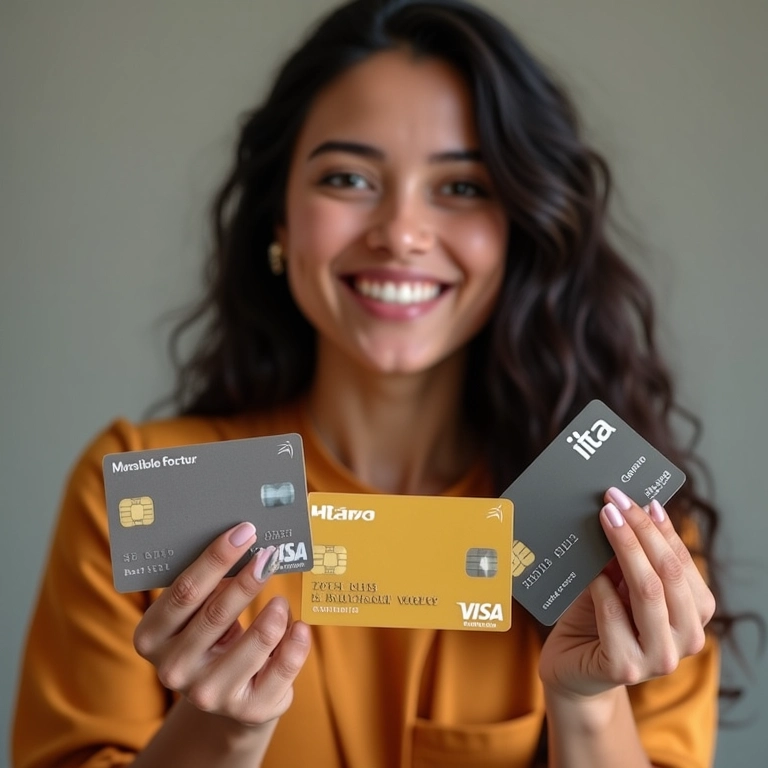 Mulher comparando diferentes cartões Itaú.