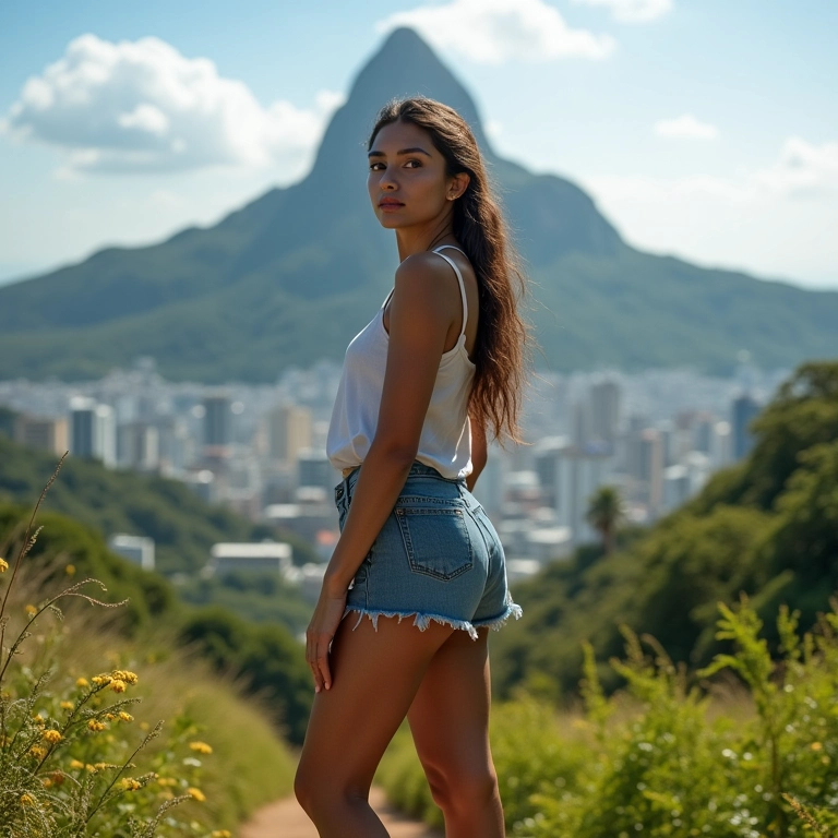 Mulher confiante em paisagem vibrante do Rio de Janeiro, simbolizando autoconfiança.