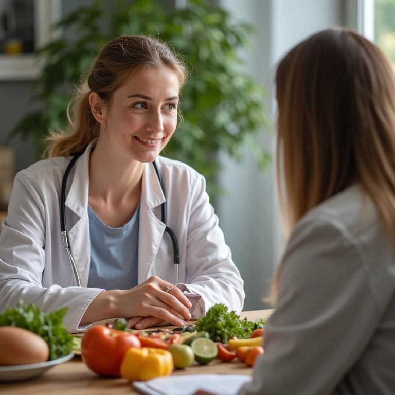 Mulher consulta nutricionista para orientação sobre alimentação saudável e perda de peso.
