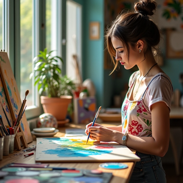 Mulher criando arte com tintas coloridas em estúdio iluminado.