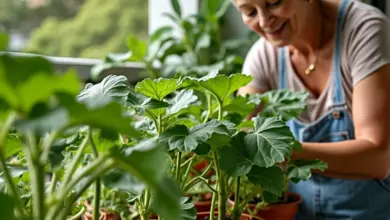 Mulher cuidando de abobrinhas plantadas em vasos em uma sacada ensolarada.