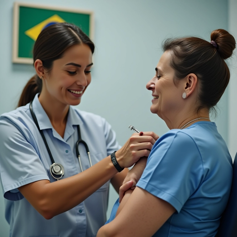 Mulher de meia-idade recebendo vacina contra a gripe.