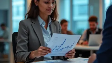 Mulher de negócios brasileira analisando gráficos financeiros em escritório vibrante.