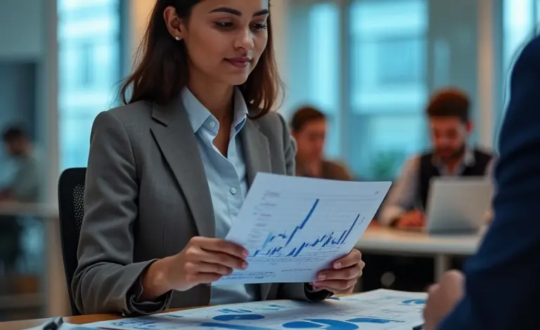 Mulher de negócios brasileira analisando gráficos financeiros em escritório vibrante.