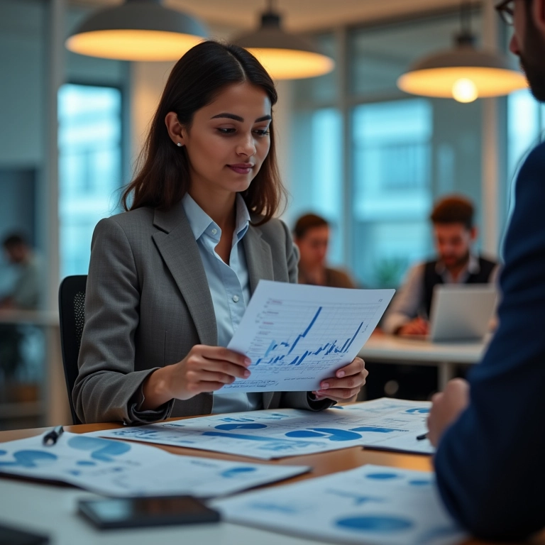 Como Fazer Orçamento Empresarial Mulher de negócios brasileira analisando gráficos financeiros em escritório vibrante.