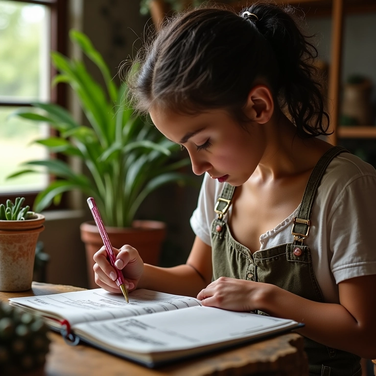 Mulher detalhando despesas em um caderno em ambiente com decoração Farm Rio.